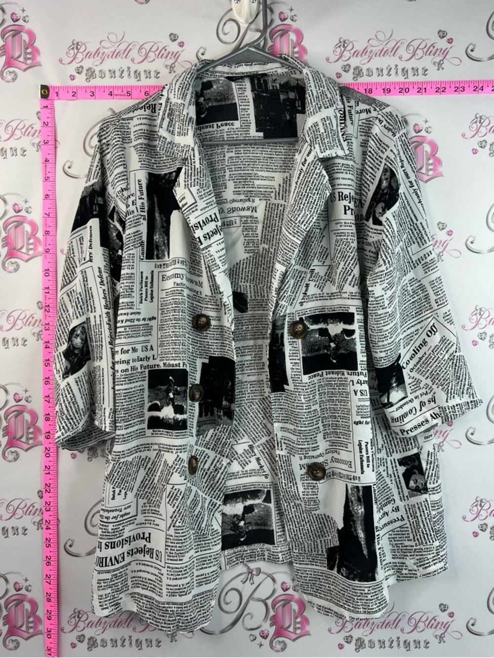 SHEIN blazer magazine Black & White Newspaper Print Double-Breasted Jacket